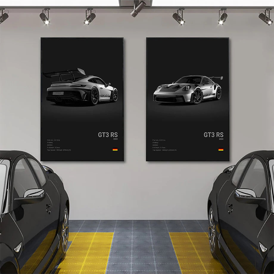 Pop B&W German Luxury Super Sport Car Canvas Poster 911 GT3 RS Turbo 918 993 GT4