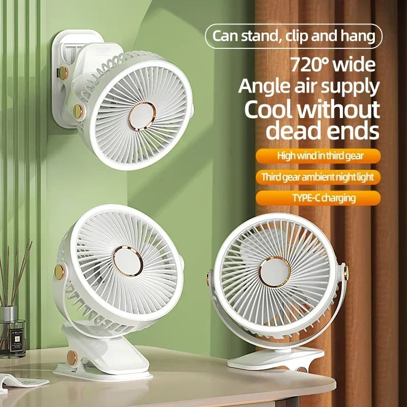 8000mAh Clip-on  Rechargeable Camping travel Fan Desktop Portable Wireless usb Fan With LED Light
