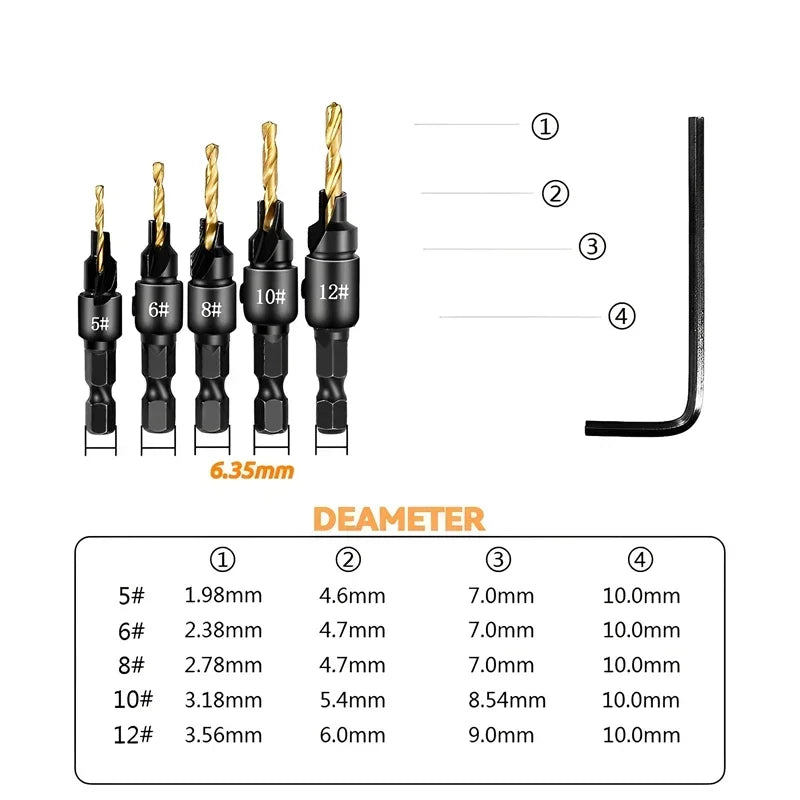 5pc 1/4" Hex Shank Countersink Drill Bit Set for Wood Screws #5–#12 Pilot Hole