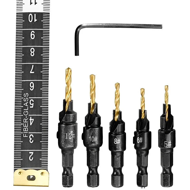 5pc 1/4" Hex Shank Countersink Drill Bit Set for Wood Screws #5–#12 Pilot Hole