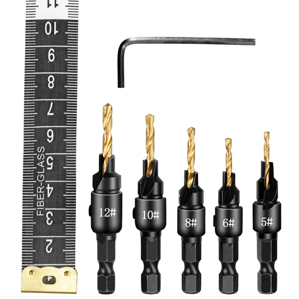 5pc 1/4" Hex Shank Countersink Drill Bit Set for Wood Screws #5–#12 Pilot Hole