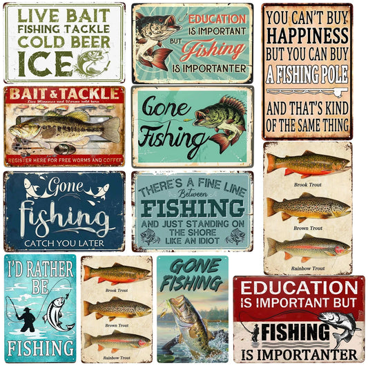 Vintage Fishing Metal Tin Sign – Cabin & Lake House Wall Decor for Fishermen