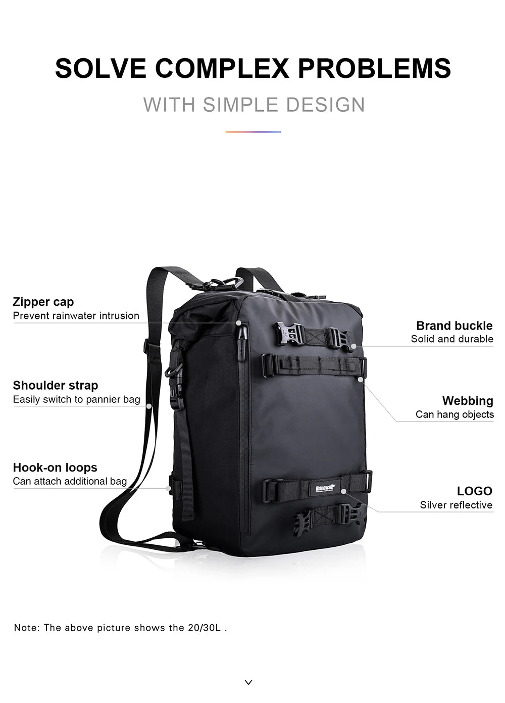 Rhinowalk Motorcycle Saddle Luggage Waterproof Rear Seat Bag 10L 20L 30L