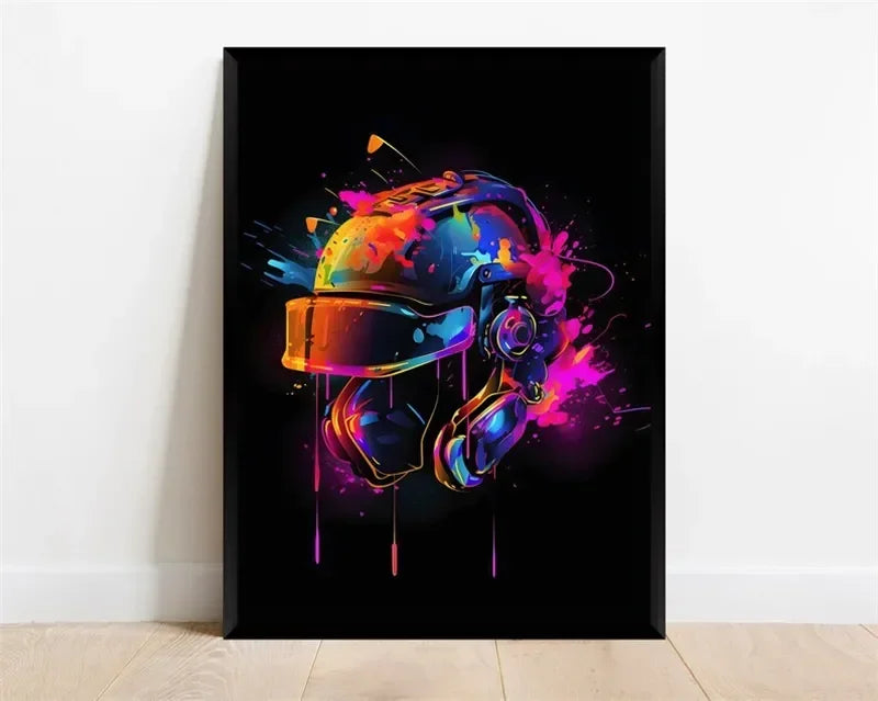 Pop Neon Video Game Character Canvas Wall Art Gamepad Headphones Gaming Room