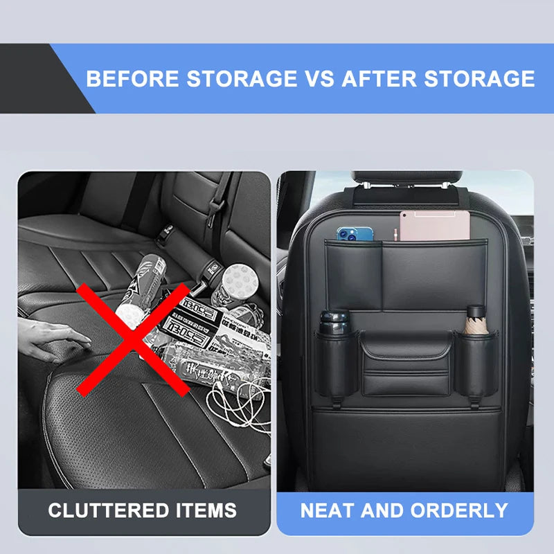 All-in-One Car Seat Back Organizer – PU Leather, Tissue & Cup Holder, Anti-Kick