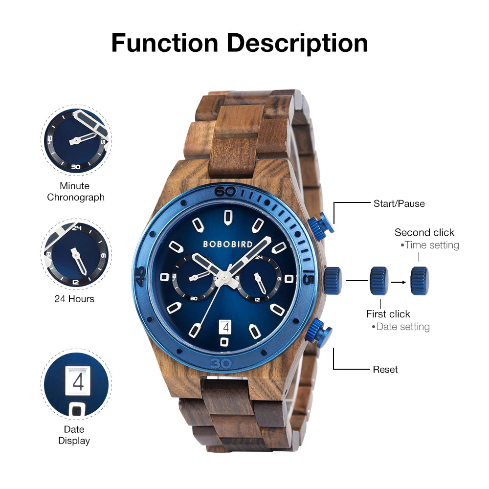 BOBO BIRD Men’s Wooden Chronograph Watch – Business Style with Date Display