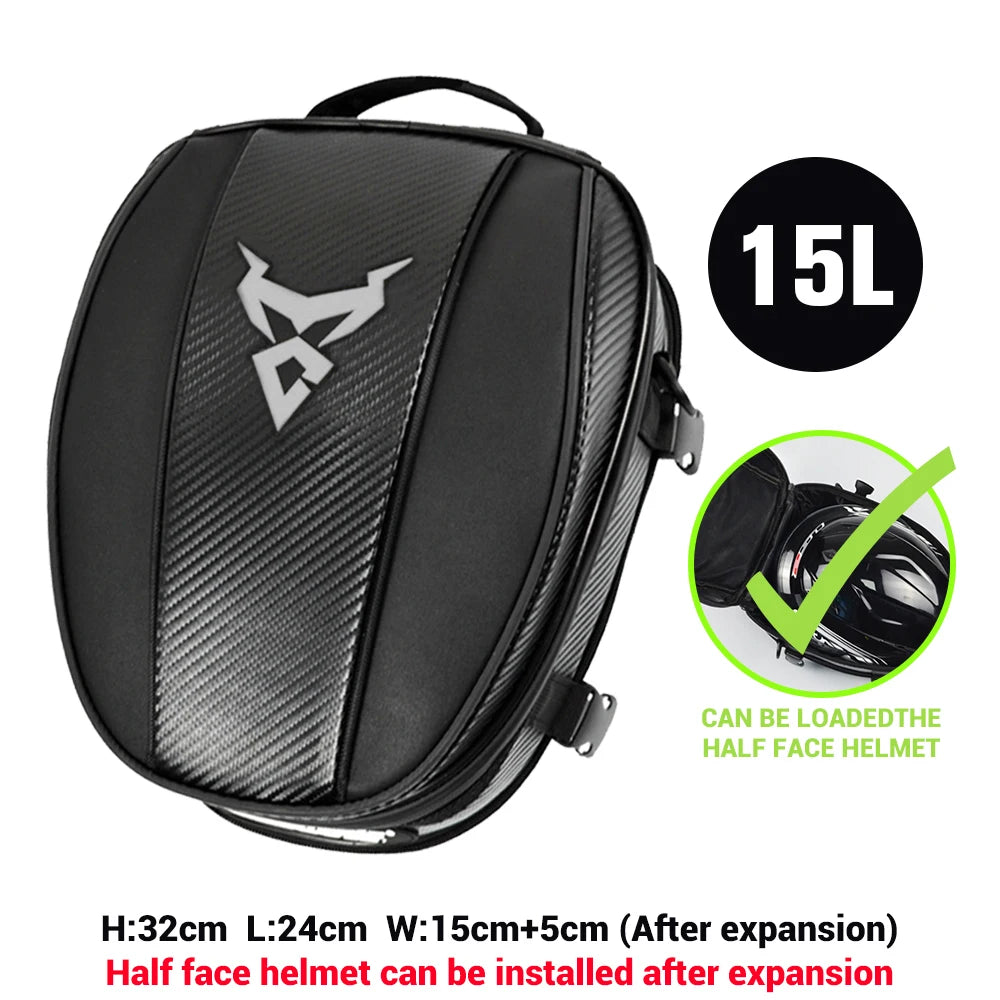 15L Motorcycle Tail Bag Waterproof Rear Seat Backpack Helmet Storage expandable