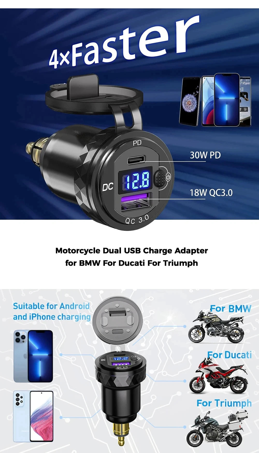 30W QC3.0 USB Type C PD Fast Charger Hella DIN Plug for BMW Ducati Triumph