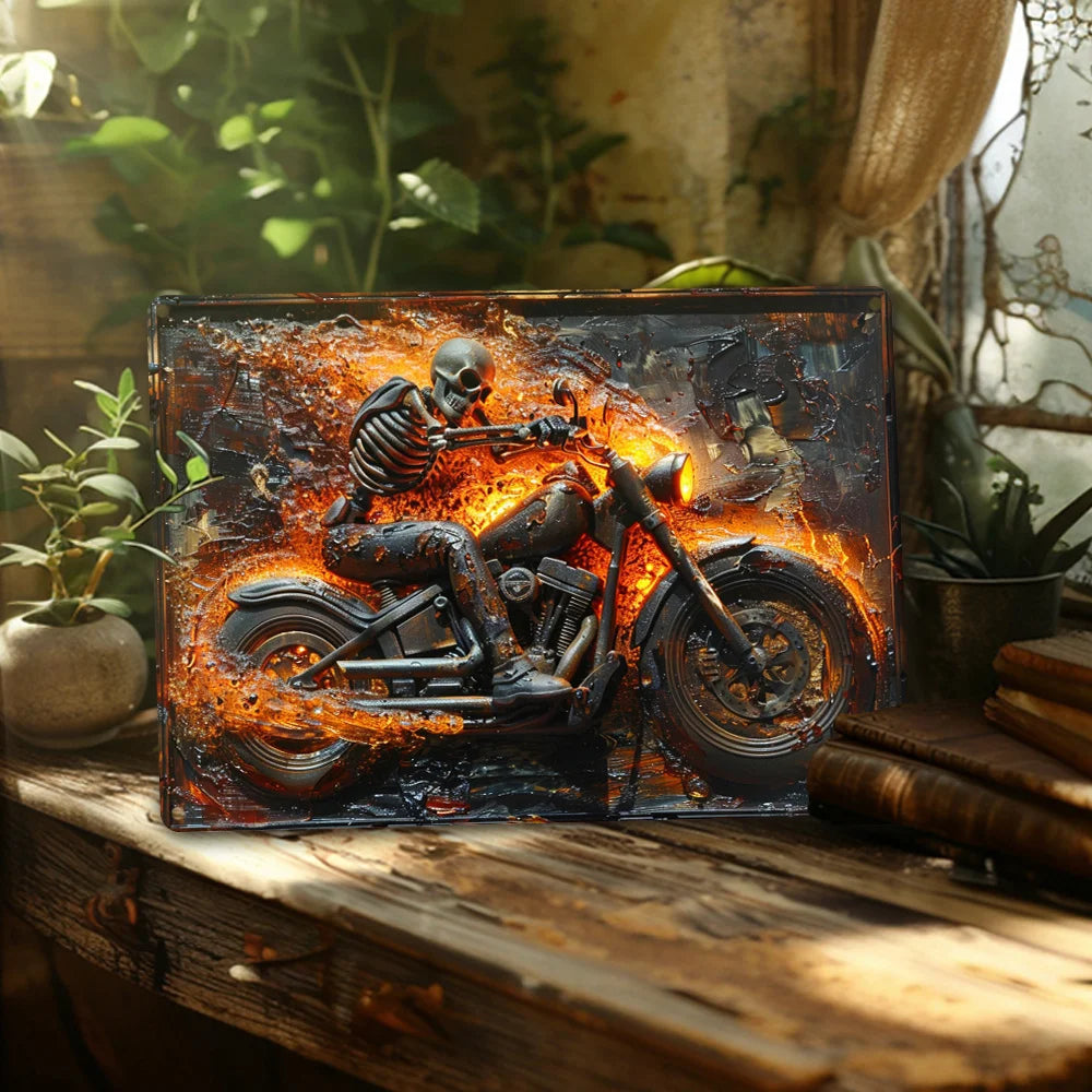 Skeleton on Motorcycle Metal Sign, Vintage Wall Art Garage Bar Bedroom Studio