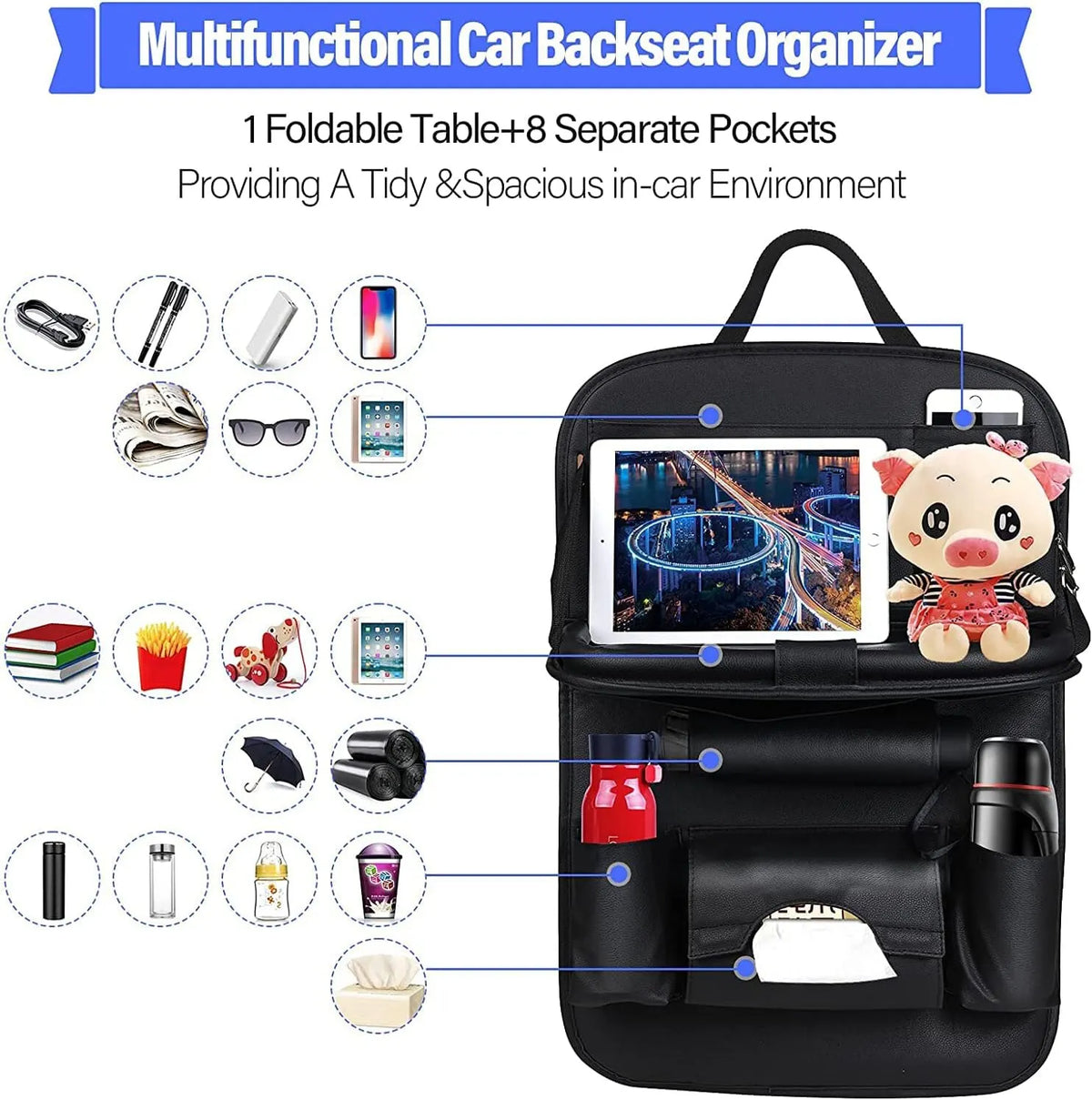 Car Seat Back Organizer w/ Foldable Tray – PU Leather Storage & Kick Mat