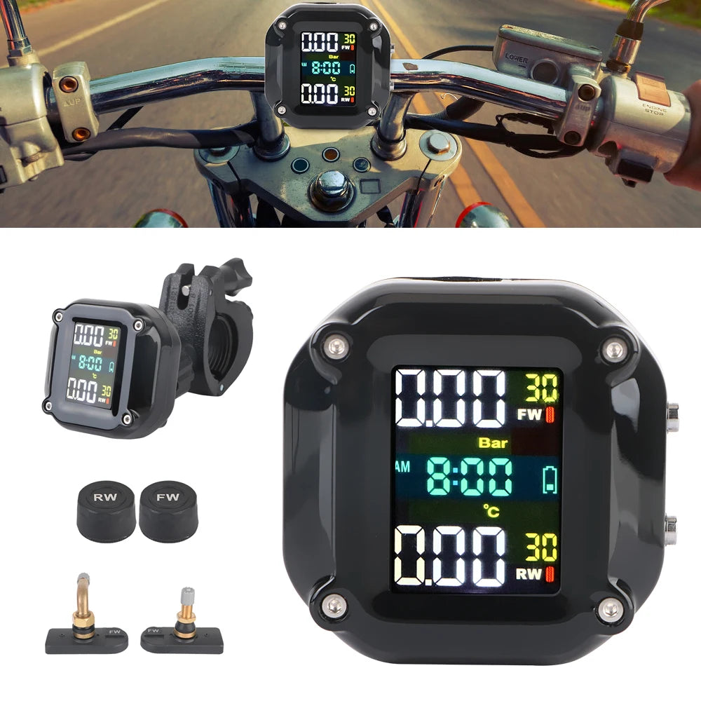 Motorcycle TPMS 0-96.7psi Tyre Pressure Monitoring System 2 Sensors LCD Display