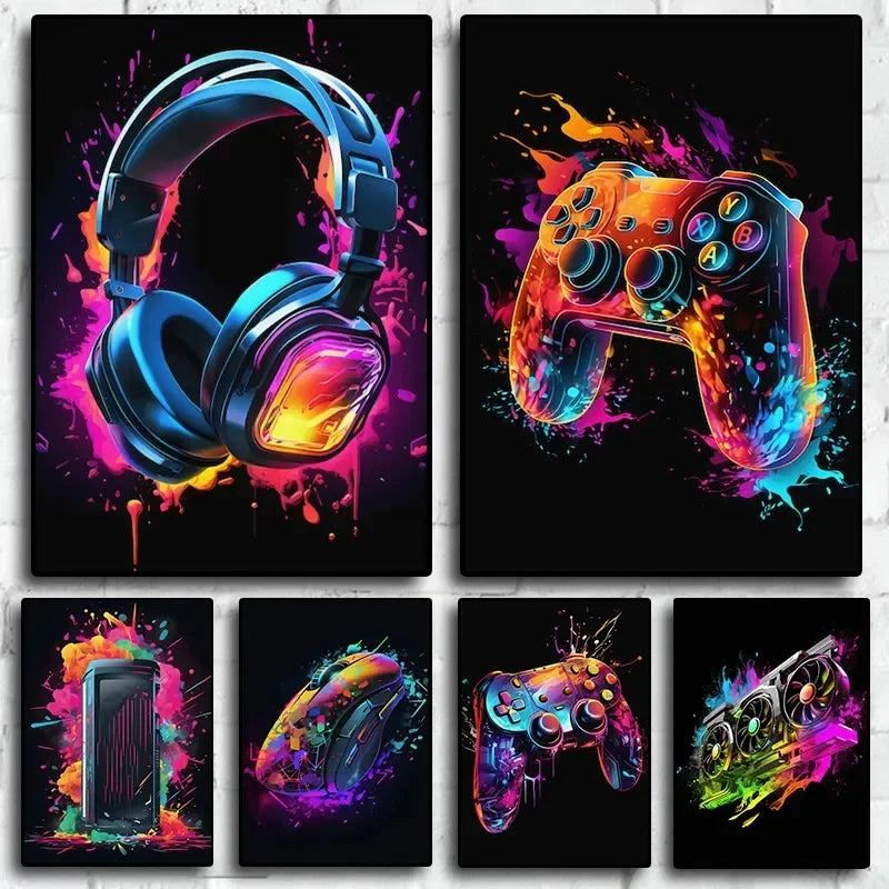 Pop Neon Video Game Character Canvas Wall Art Gamepad Headphones Gaming Room