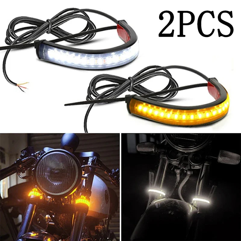 2PCS 12V LED Fork Strip Turn Signal DRL Lights Amber/White for Motorcycle