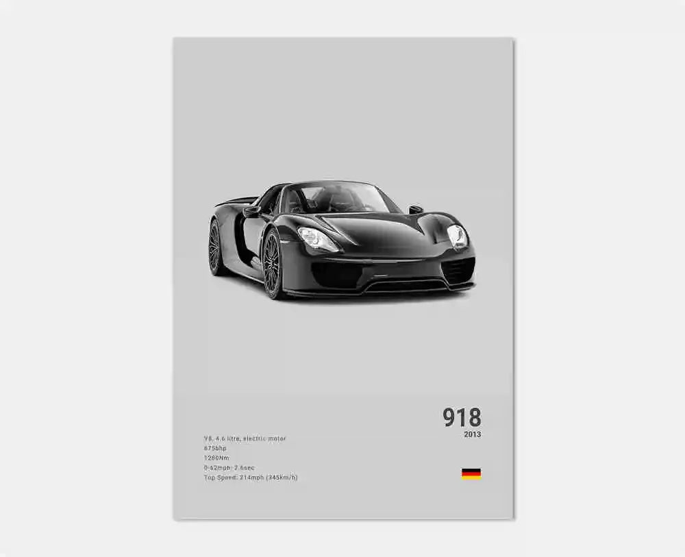 Pop B&W German Luxury Super Sport Car Canvas Poster 911 GT3 RS Turbo 918 993 GT4