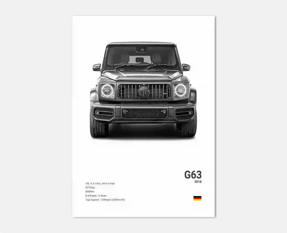B&W Luxury Sports Car Poster Canvas Wall Art Garage Mancave Merc G63 SL GTR AMG