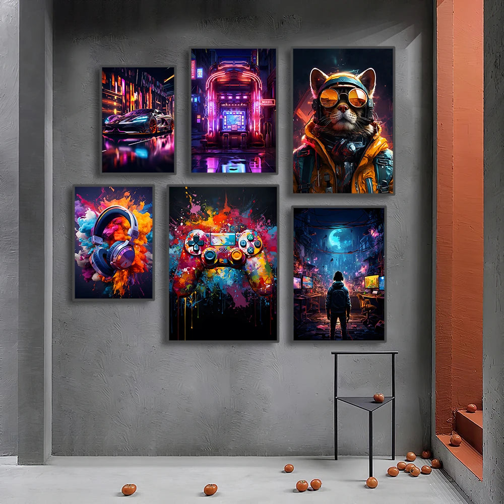 80s 90s style Neon Cyberpunk Gamer Controller Canvas Art Print Vibrant Mancave