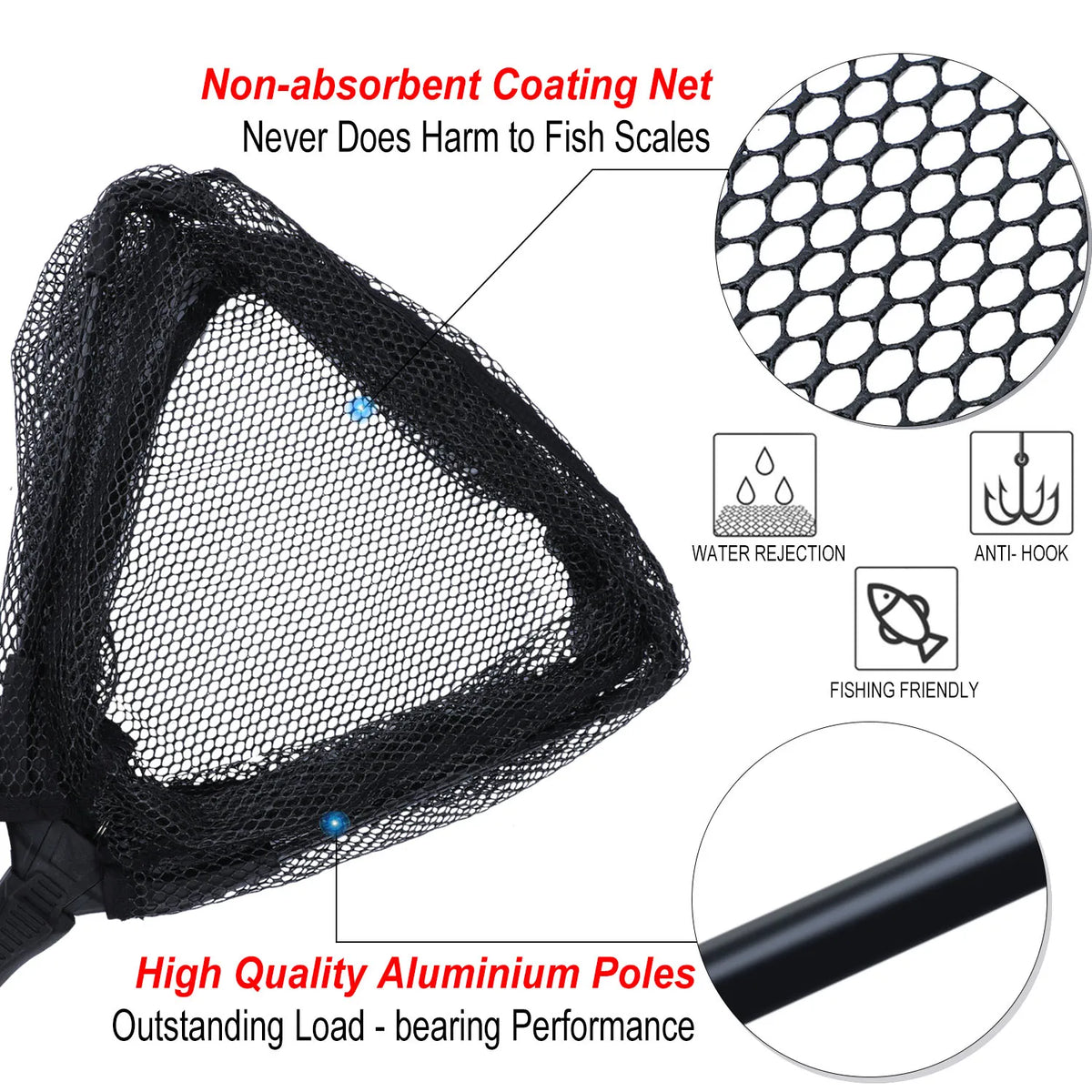 Portable Retractable Fishing Net 75/95/115cm for Bass, Carp, Trout, Multifilament