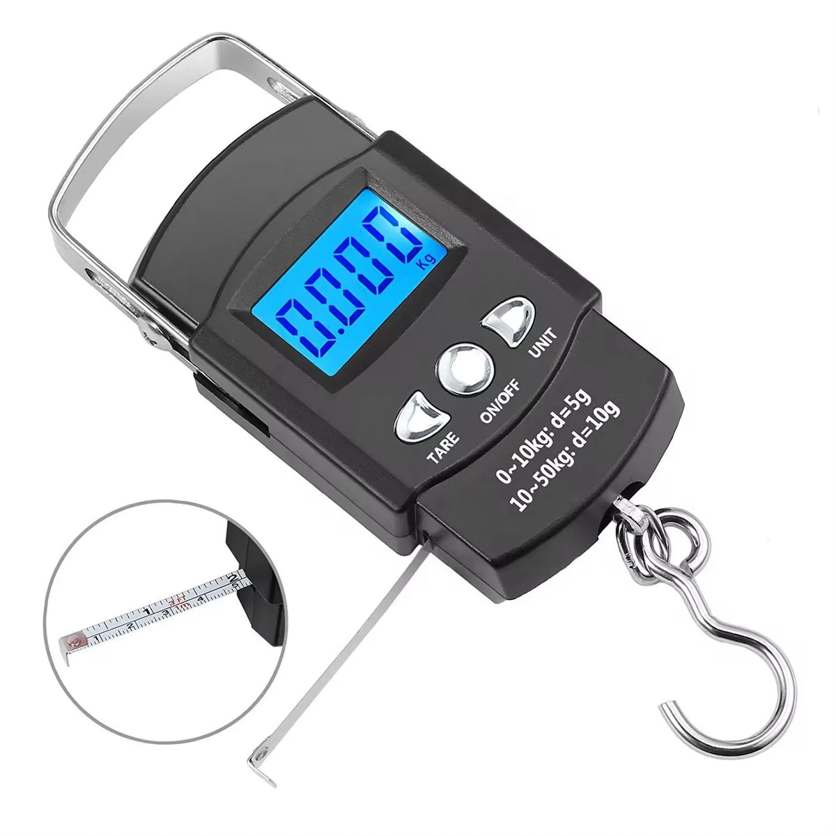 110lb/50kg Digital Fishing Scale, LCD Display & Measuring Tape, Stainless Hook