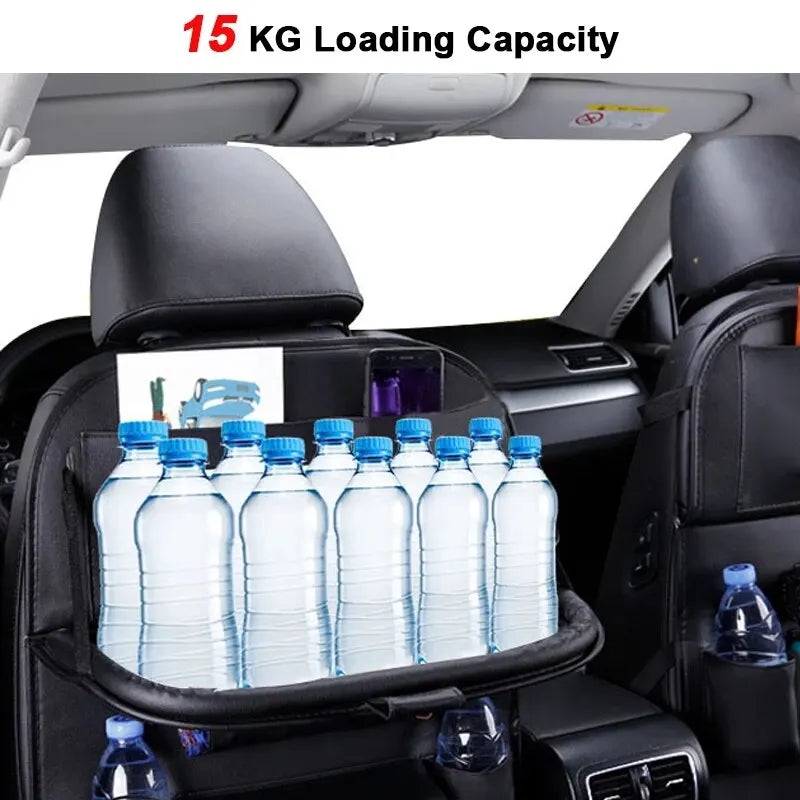 Car Seat Back Organizer w/ Foldable Tray – PU Leather Storage & Kick Mat