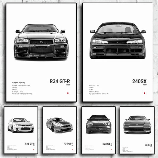 Pop B&W Japan Nissan Cars Canvas Posters R34 GTR 240SX Mancave Office Garage
