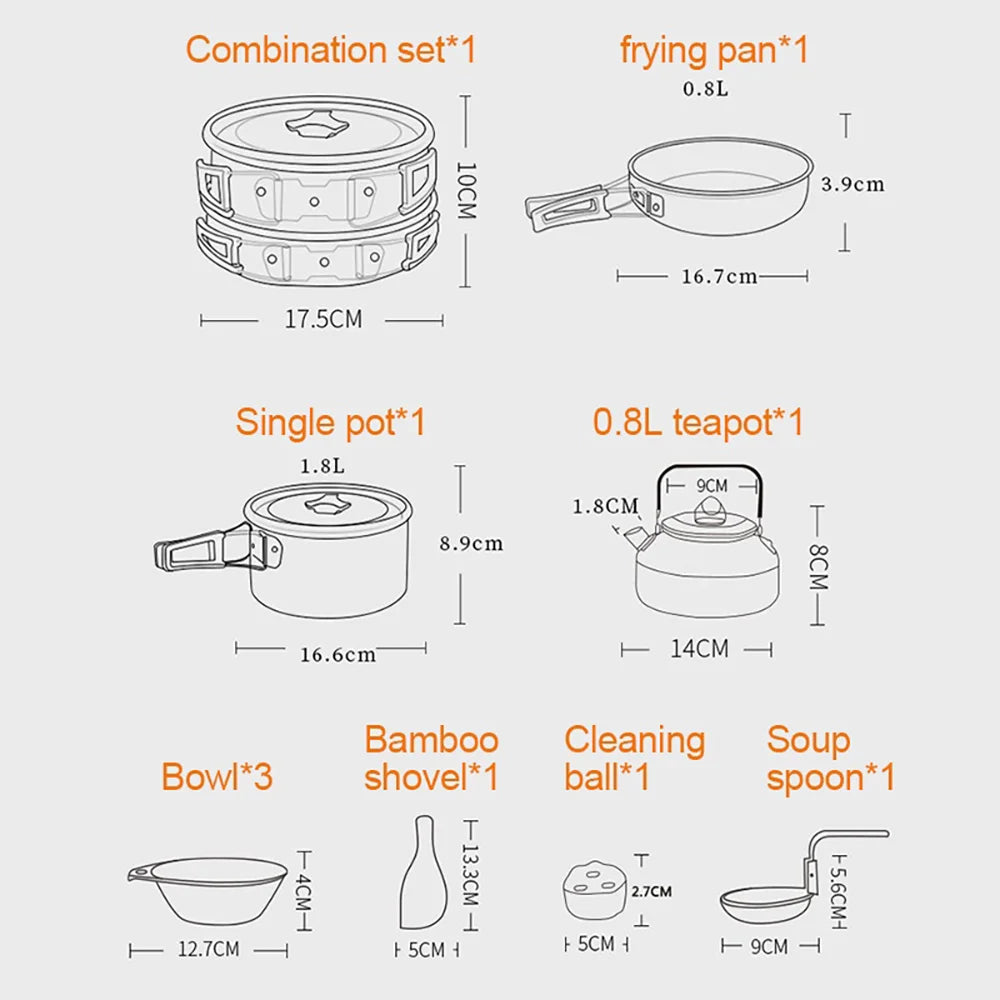 Camping Cookware Set Outdoor Picnic Travel Teapot Non-Stick Pots for 2-3 People