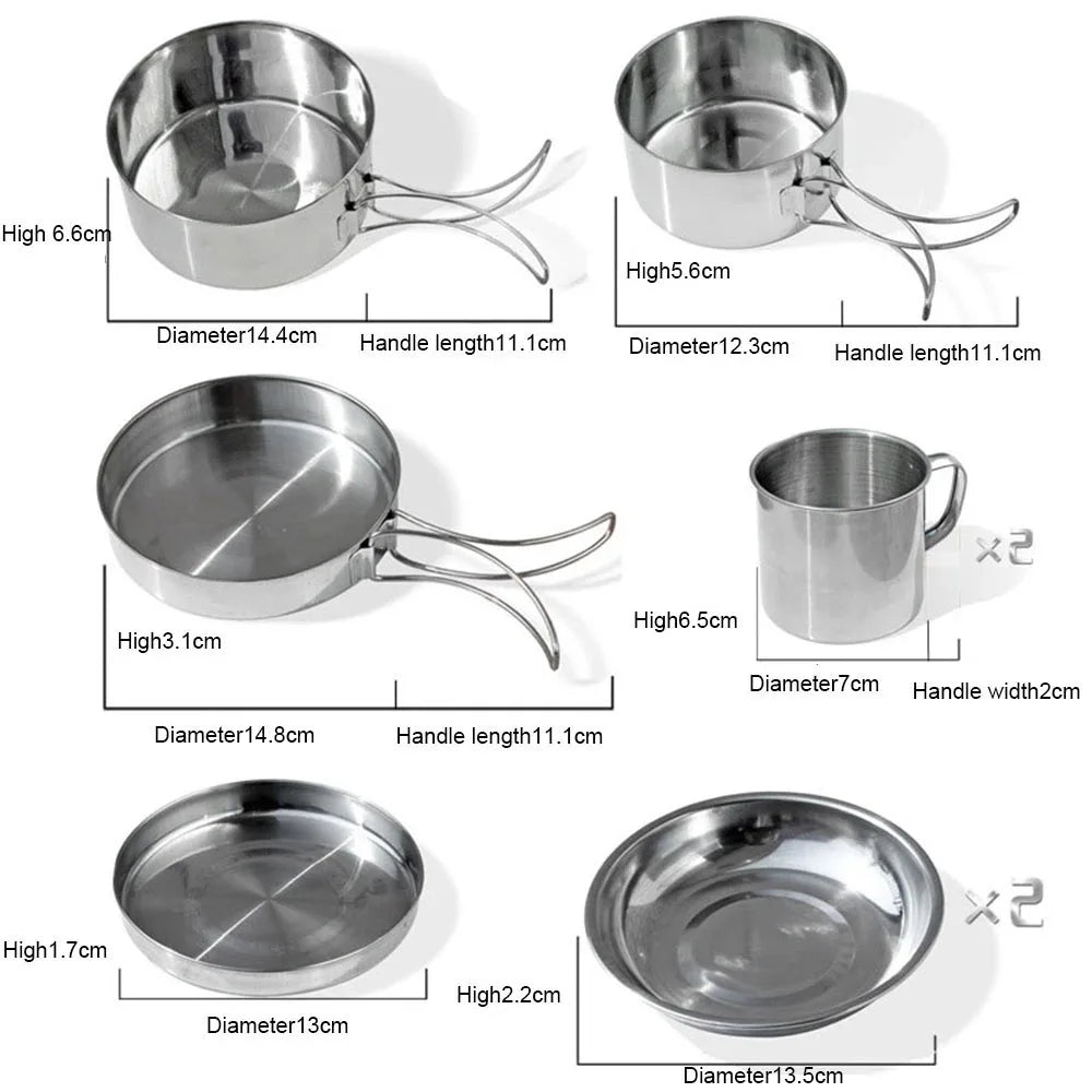 8Pcs Camping Cookware Set Pot Pan Cups Plates Hiking Picnic Outdoor Cooking Kit