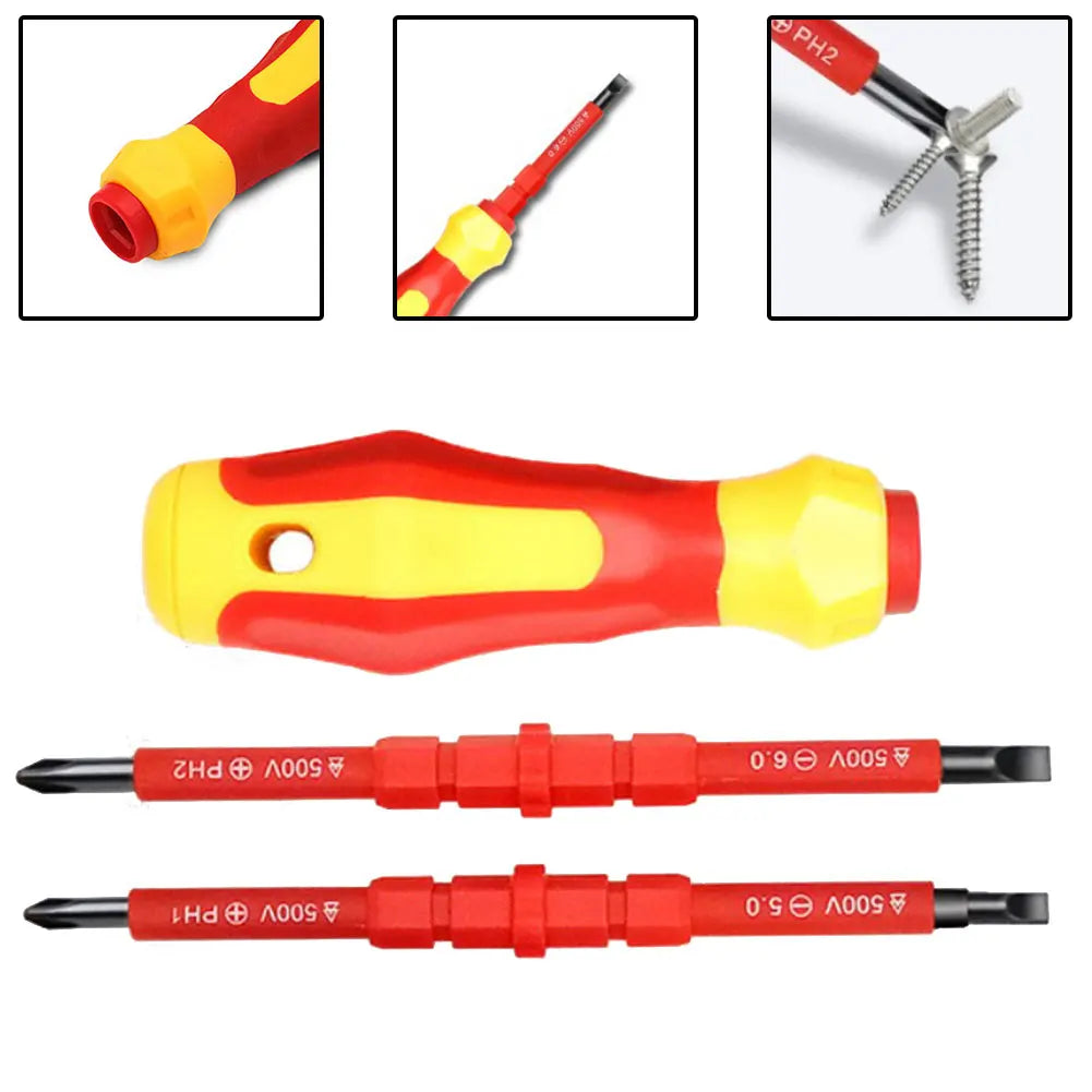 2-in-1 Insulated 500v Screwdriver Set - PH1, PH2, Slotted 5.0, 6.0 Electrician