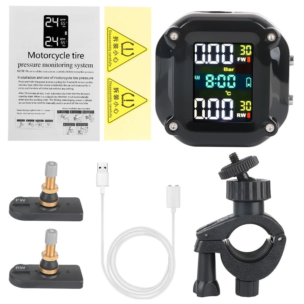 Motorcycle TPMS 0-96.7psi Tyre Pressure Monitoring System 2 Sensors LCD Display