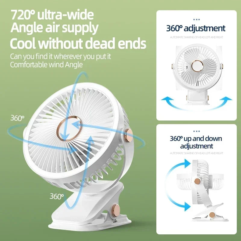8000mAh Clip-on  Rechargeable Camping travel Fan Desktop Portable Wireless usb Fan With LED Light