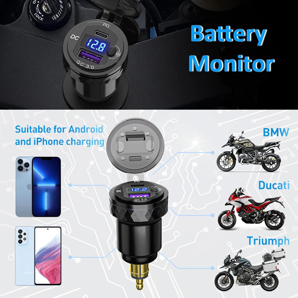 30W QC3.0 USB Type C PD Fast Charger Hella DIN Plug for BMW Ducati Triumph
