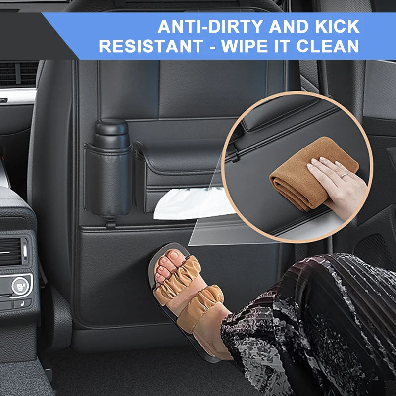All-in-One Car Seat Back Organizer – PU Leather, Tissue & Cup Holder, Anti-Kick