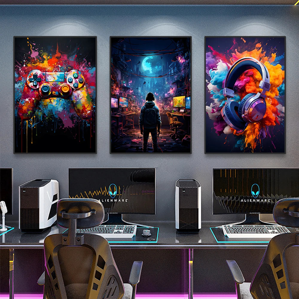 80s 90s style Neon Cyberpunk Gamer Controller Canvas Art Print Vibrant Mancave