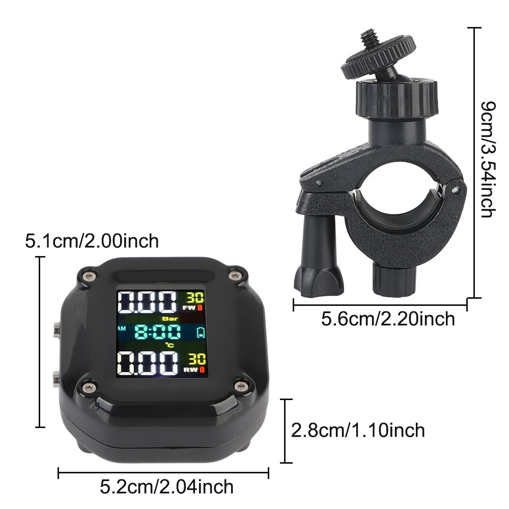 Motorcycle TPMS 0-96.7psi Tyre Pressure Monitoring System 2 Sensors LCD Display