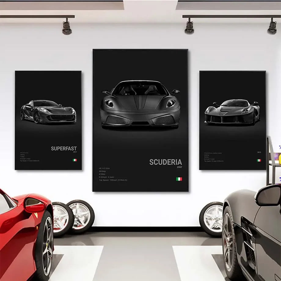 Pop B&W Italy Super Sport Car Canvas Poster Wall Art Garage F40 GTO GTB Mancave