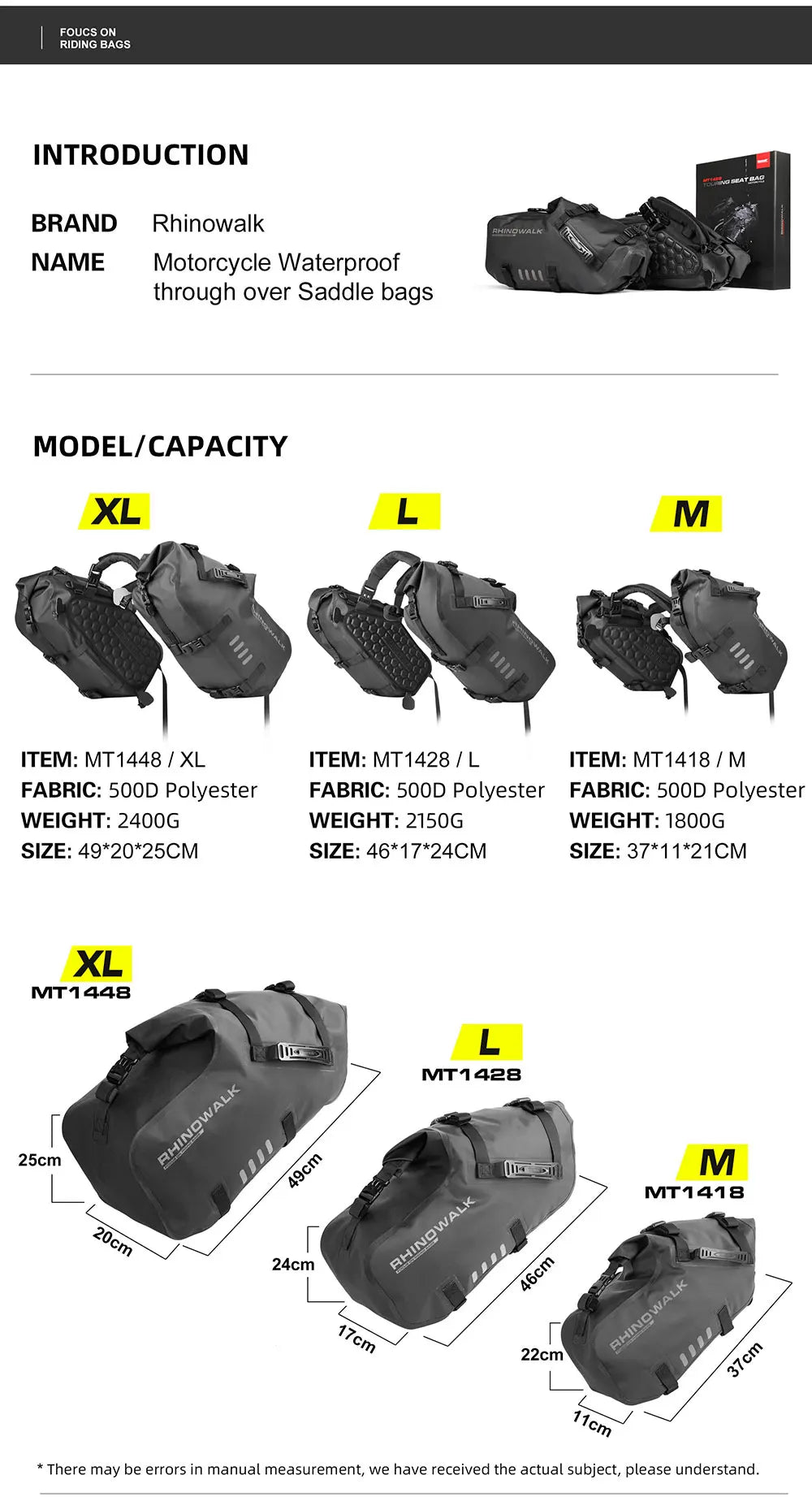 Rhinowalk Motorcycle Side Bags 100% Waterproof 18L/28L/48L Large-Capacity Panniers