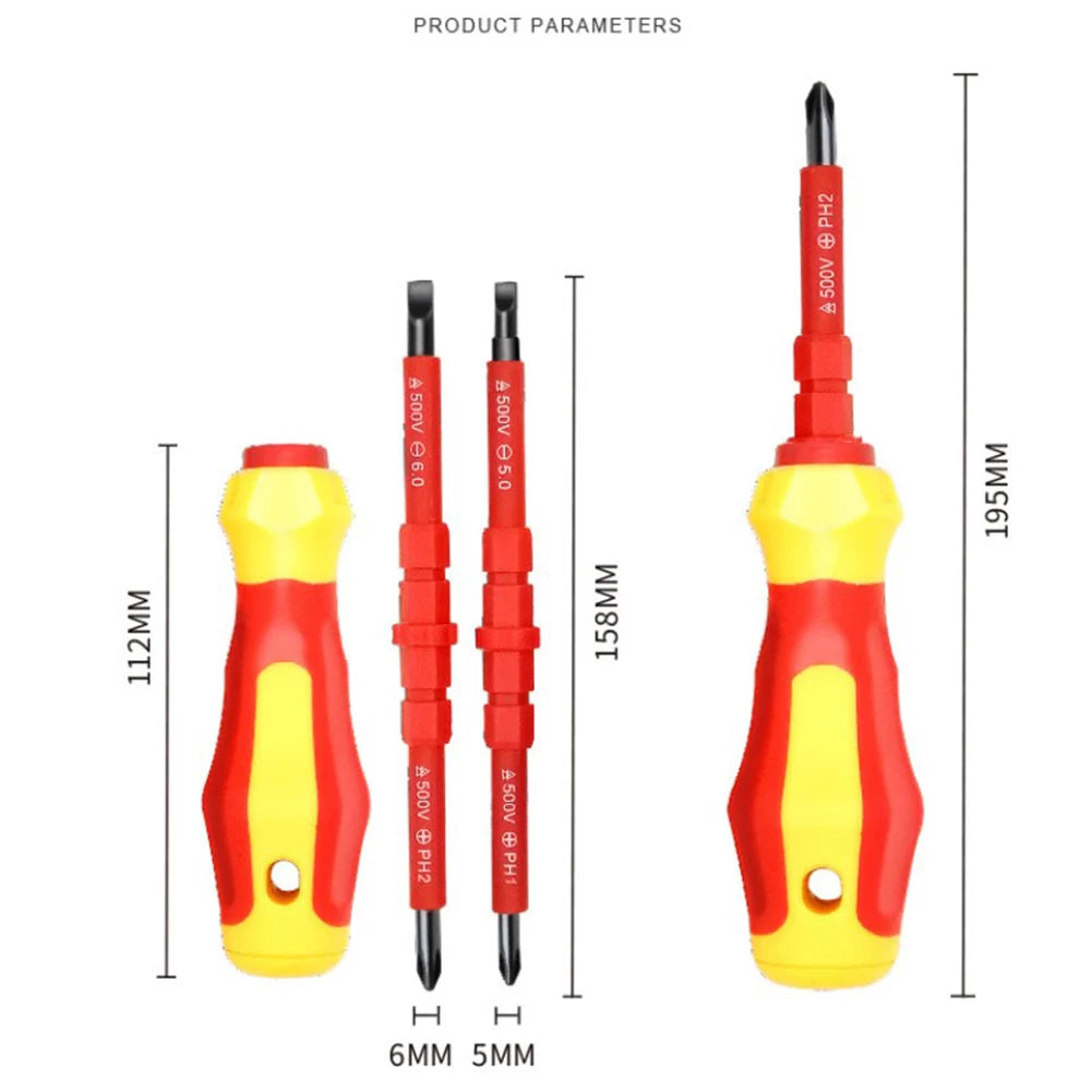 2-in-1 Insulated 500v Screwdriver Set - PH1, PH2, Slotted 5.0, 6.0 Electrician