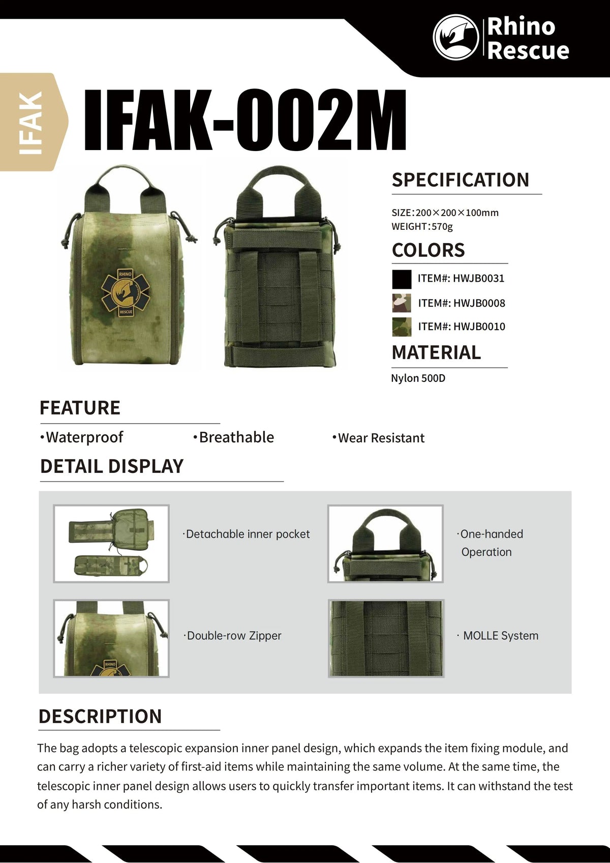 Rhino Rescue 002M First Aid Kit IFAK Molle Pouch Tactical Survival Gear