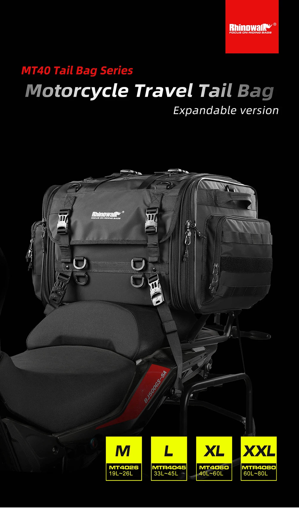 Rhinowalk Motorcycle Waterproof Tail Bag Expandable Luggage 19L-80L