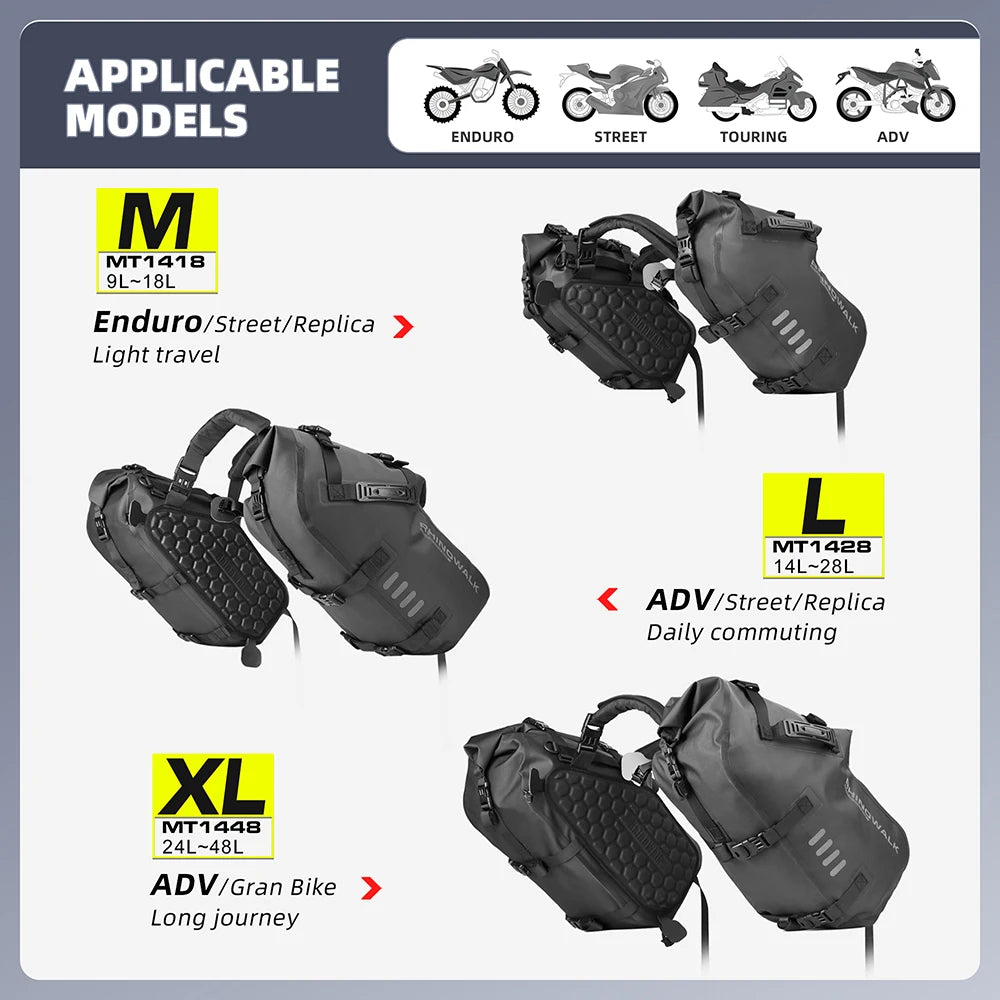 Rhinowalk Motorcycle Side Bags 100% Waterproof 18L/28L/48L Large-Capacity Panniers