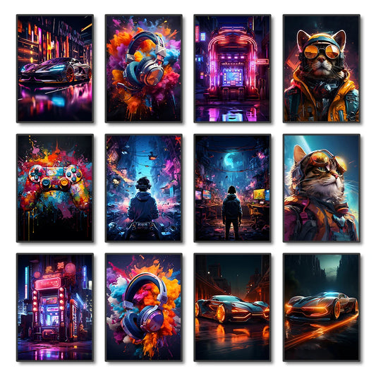 80s 90s style Neon Cyberpunk Gamer Controller Canvas Art Print Vibrant Mancave