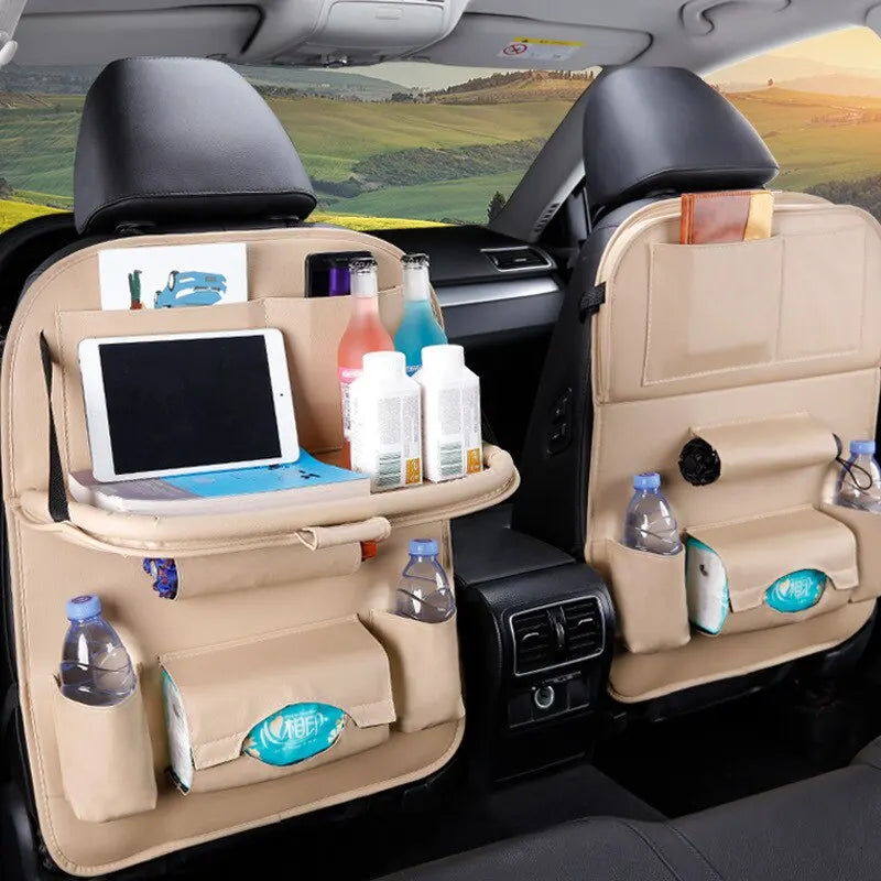Car Seat Back Organizer w/ Foldable Tray – PU Leather Storage & Kick Mat