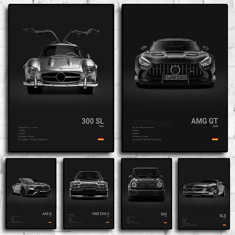 B&W Luxury Sports Car Poster Canvas Wall Art Garage Mancave Merc G63 SL GTR AMG