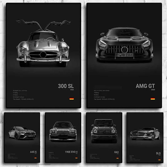 B&W Luxury Sports Car Poster Canvas Wall Art Garage Mancave Merc G63 SL GTR AMG