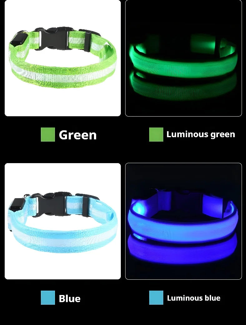 LED Dog Collar Glow-in-the-Dark, Safety Flashing Nylon Pet Collar luminous HiVis