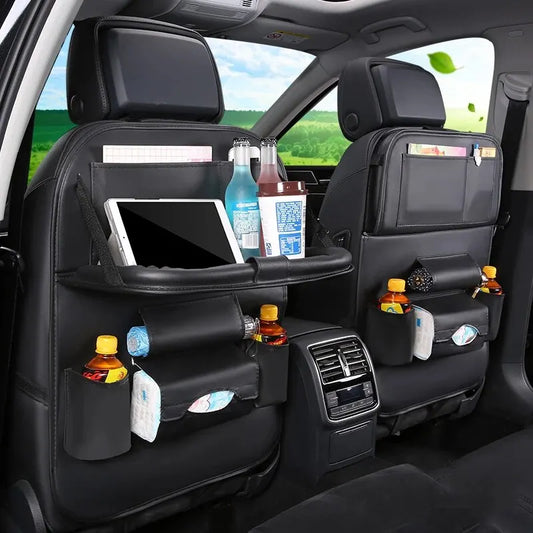 Car Seat Back Organizer w/ Foldable Tray – PU Leather Storage & Kick Mat