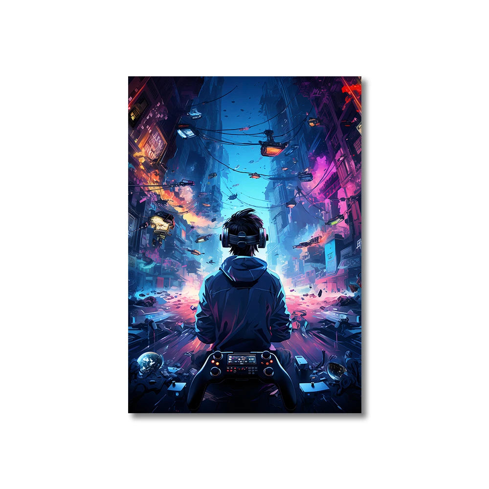 80s 90s style Neon Cyberpunk Gamer Controller Canvas Art Print Vibrant Mancave