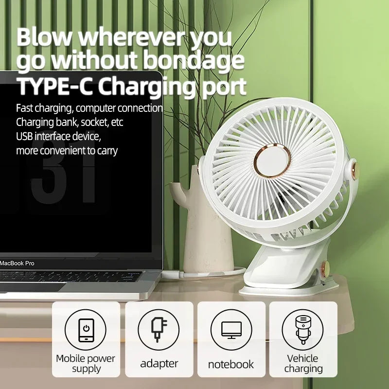 8000mAh Clip-on  Rechargeable Camping travel Fan Desktop Portable Wireless usb Fan With LED Light
