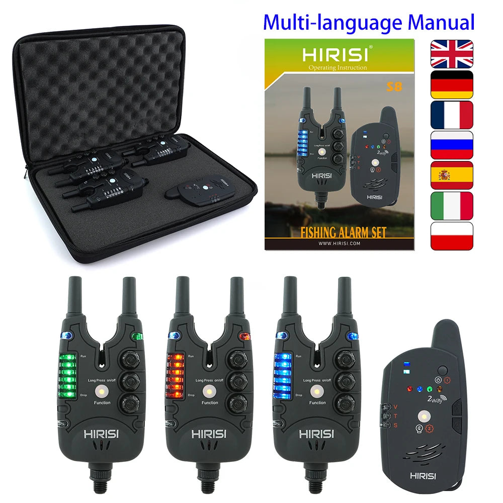 Hirisi Wireless Carp Fishing Bite Alarm Set S8 2 Way Remote Control 1+3 / 1+4