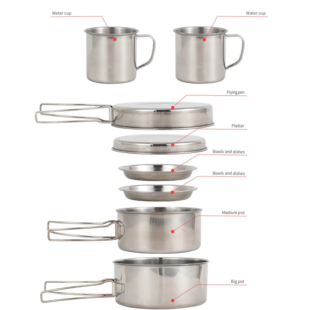 8Pcs Camping Cookware Set Pot Pan Cups Plates Hiking Picnic Outdoor Cooking Kit