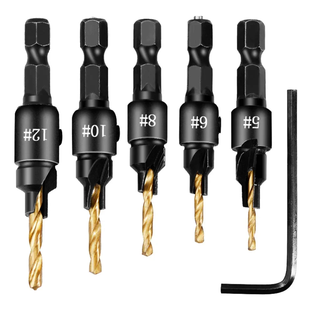 5pc 1/4" Hex Shank Countersink Drill Bit Set for Wood Screws #5–#12 Pilot Hole